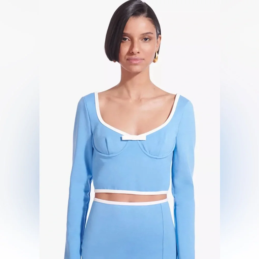 NWT STAUD Berry Long Sleeve Ponte Structured Crop Top in Sky/White - Picture 8 of 14